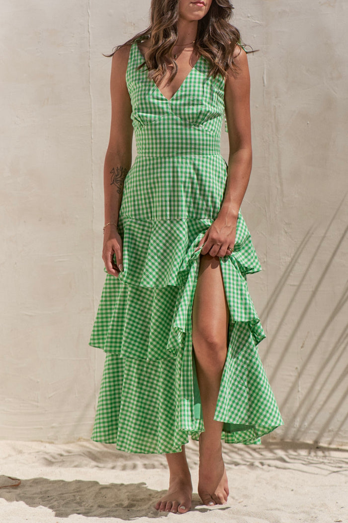 Sleeveless Gingham Print Tiered Midi Dress